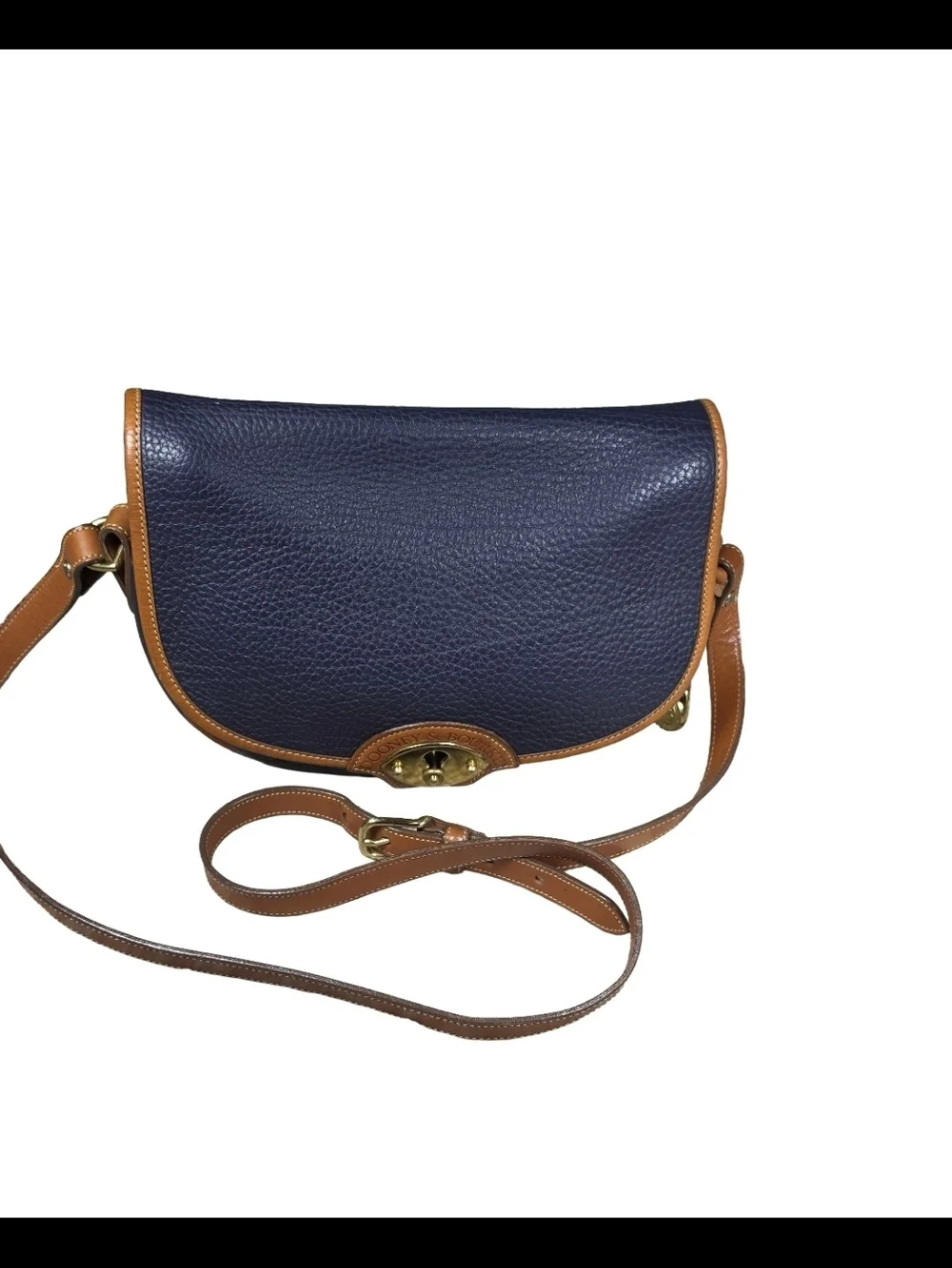 Vintage Dooney & Bourke Cavalry Trooper Saddle Bag Navy Blue Tan AWL Crossbody